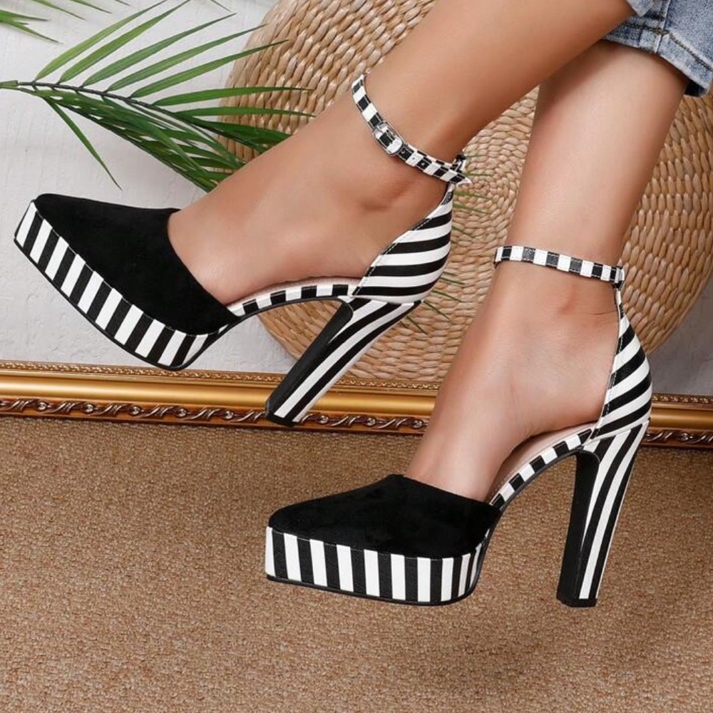 Black and White Striped Women's Heels